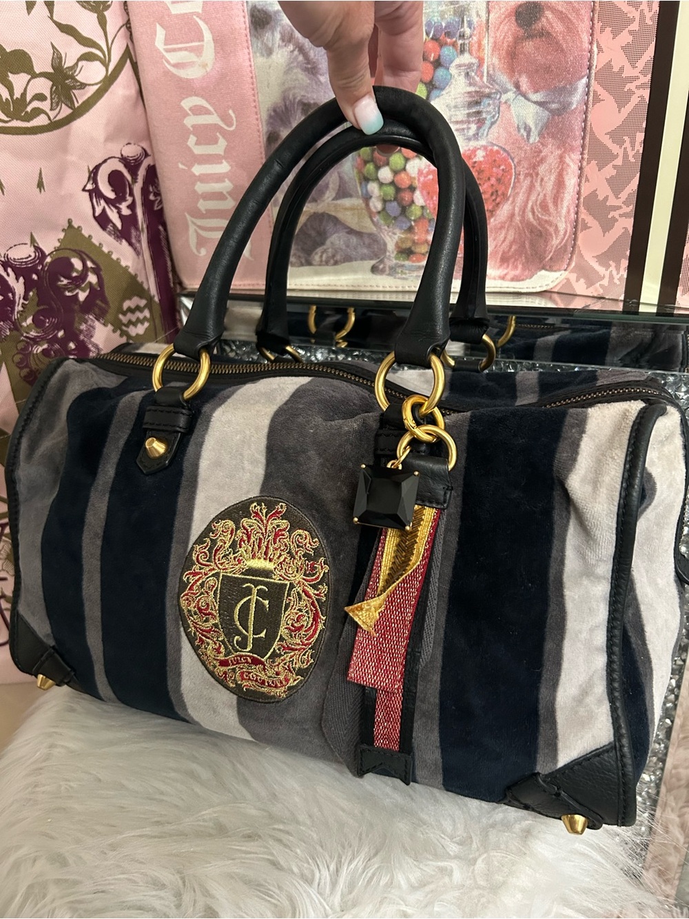 Y2K Vintage Juicy Couture Grey Navy Striped Velour Satchel Doctor Bag
